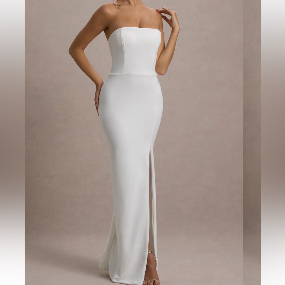 Club L London - Belle of the Ball White Bandeau Maxi Dress with Split Hem